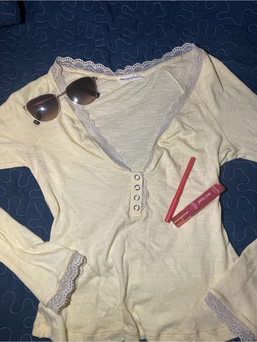 Women’s Lace-Trim Long Sleeve Henley Top in Light Yellow